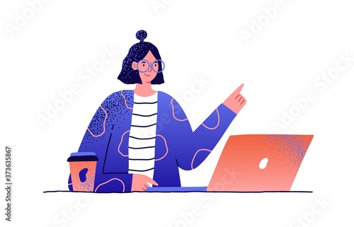 Young smiling woman working at table on laptop. Girl in glasses at workplace with paper cup of coffee. Scene of freelance or office job. Flat vector cartoon illustration isolated on white background