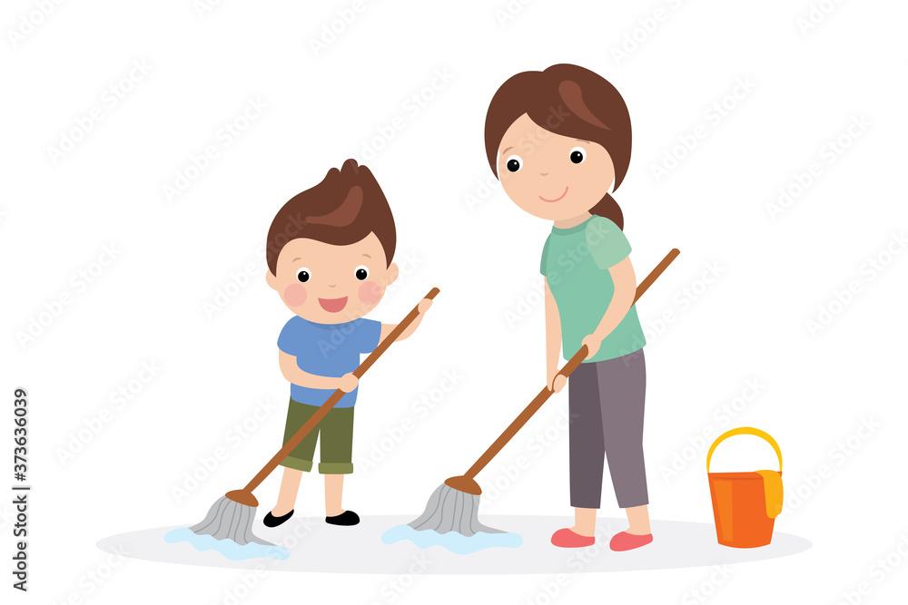 Happy mother and son wash the floor. Household concept isolated on white background. Happy mother and son wash the floor. Household concept isolated on white background.