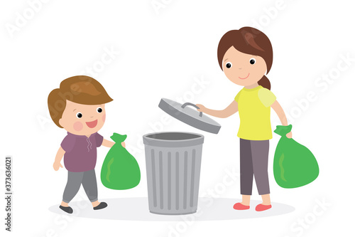 Open trash can and mom and son throw out the garbage. Cartoon people holding garbage bags.