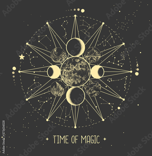 Modern magic witchcraft Astrology wheel with zodiac signs on space background. Zodiac constellations. Horoscope vector illustration