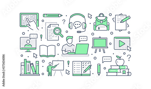 Online Education poster with line icons. Vector illustration for banner included icon as student, computer, books, teacher, laptop green outline pictogram for home schooling, university training