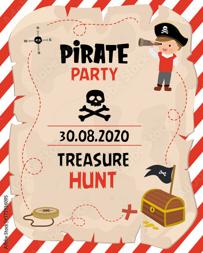 Pirate party banner. Treasure hunt invitation or greeting card template. Cartoon preschooler