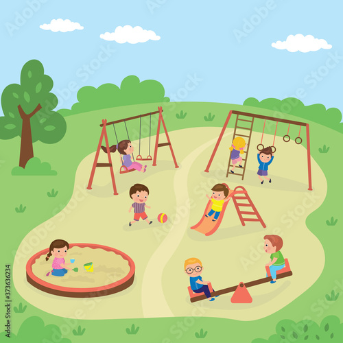 Group of different children are playing in the playground. Outdoors games and activities.