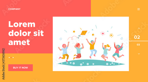 Happy children playing in summer park flat vector illustration. Cartoon cute boys and girls jumping with kite on meadow. Kindergarten and holiday concept