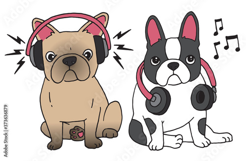 Cute french bulldogs listening to music, vector illustration