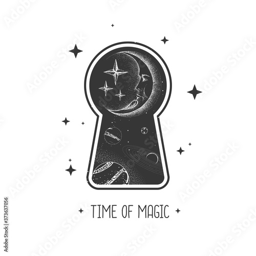 Magic witchcraft keyhole silhouette with crescent moon on outer space background. Vector illustration