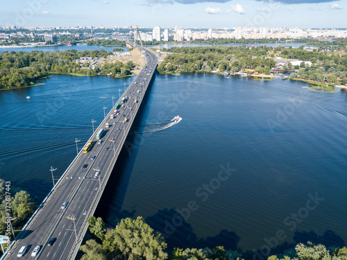 Aerial drone view. Bridge over the Dnieper river in Kiev.
