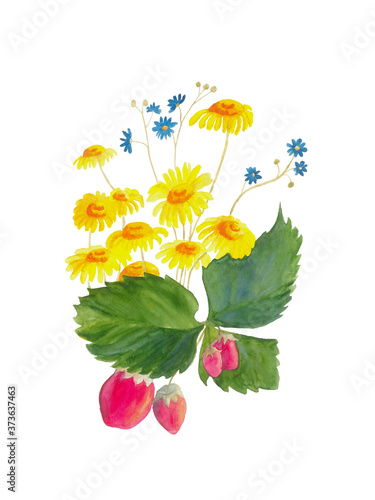 Summer bouquet with flowers and strawberries isolated on white background. Watercolor hand drawn illustration of little blue flowers and yellow. Perfect for card, print, poster, banner.