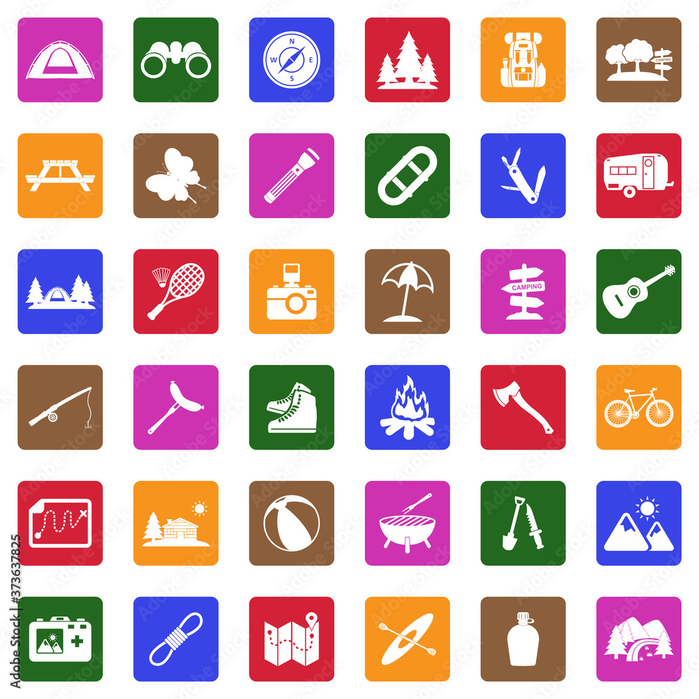 Camping Icons. White Flat Design In Square. Vector Illustration.