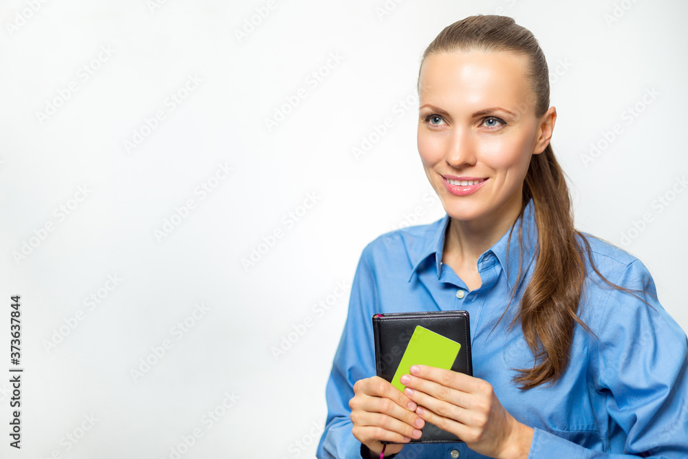 young beautiful woman in formal clothes holding a blank card isolated over white young beautiful woman in formal clothes holding a blank card isolated over white