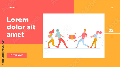 Groups of people pulling rope in tug of war play. Struggling team competing with each other. Vector illustration for game, contest, competition, confrontation concept