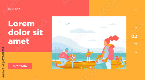 Group of young volunteers collecting trash on ocean beach flat vector illustration. Ecology and clean planet concept. People cleaning environment nature together