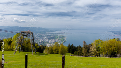 Cable car installation on mount Pfaender, in Austria. View towards lake Bodensee photo