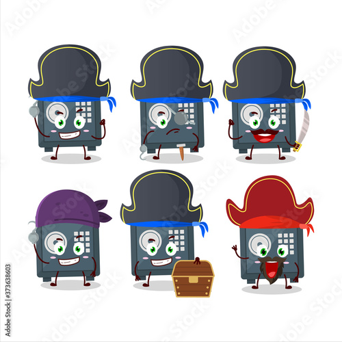 Cartoon character of safe deposit box with various pirates emoticons