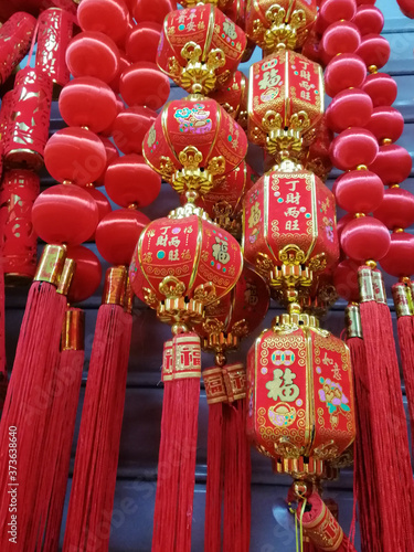 Shanghi  February 2019. Chinese decorations in an indoor market. Lunar New Year