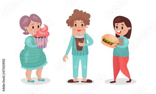 People Characters Leading Unhealthy Lifestyle Eating Fast Food and Drinking Coffee Vector Illustration Set