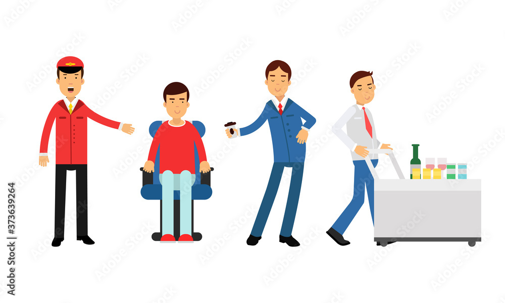 Pilot and Steward Character on Board Aircraft During Flight Serving Drinks to Passengers Vector Illustration Set Pilot and Steward Character on Board Aircraft During Flight Serving Drinks to Passengers Vector Illustration Set