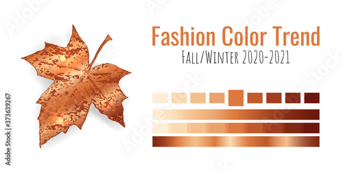 Fashion color trend Fall/Winter 2020-2021. Colour metallic palette with different shades of Orange color and gradient. Maple tree leaf on white background. Paint palette mock up. Vector illustration