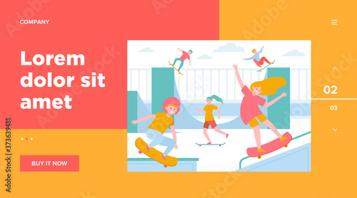 Fun extreme skateboard park flat vector illustration. Cartoon teenagers jumping and doing tricks with boards. Outdoor teenage activity and skateboarding concept