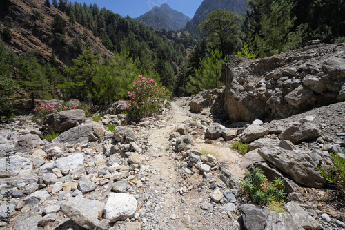 Trekking in Samaria Gorge on the island of Crete, Greece. 