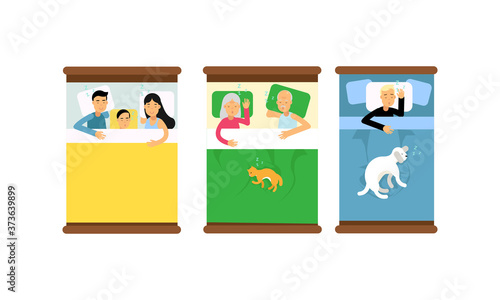 People Characters Sleeping in Bed Vector Illustration Set