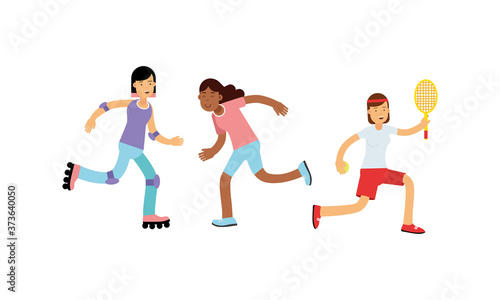 Young Energetic Woman Doing Sport Activity Vector Illustration Set