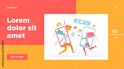 Customers sharing references and earning money. Mobile phones users chatting, exchanging gifts. Vector illustration for refer a friend, referrals, loyalty program, marketing concept