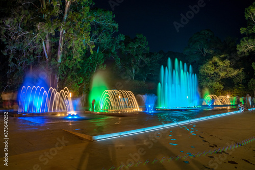 Colored musical water fountain at night. Shekvetili photo