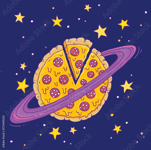 A cartoon pizza planet! Vector illustration.