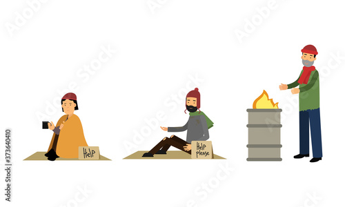 Homeless Bearded Male Sitting with Cardboard Sign Begging for Help Vector Illustration Set