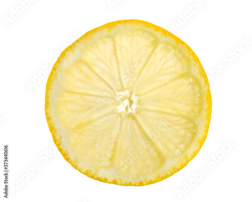 Tableau sur toile Single fresh slice of yellow lemon - juicy lime backlit and isolated on white ba