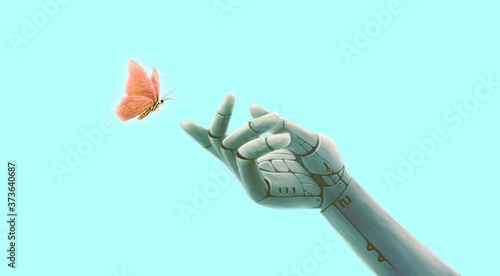Photography Technology and nature concept, surreal artwork, robot hand with butterfly , conc