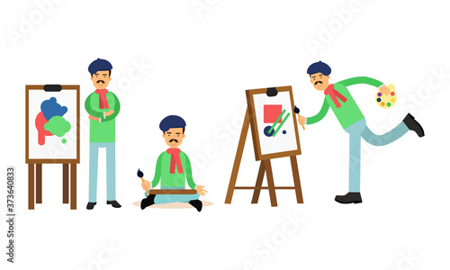 Smiling Artist Man in Beret Painting on Canvas Vector Illustration Set