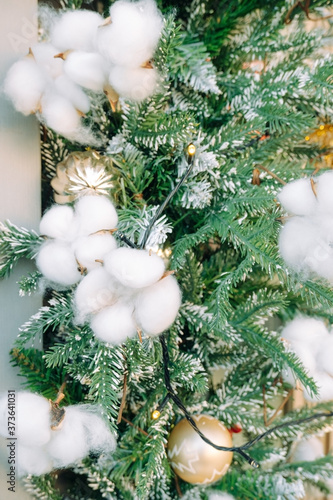 close up Christmas and new year decorations with cotton flowers
