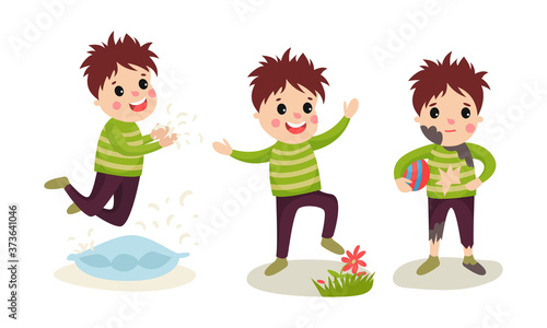 Naughty Boy Jumping on Pillow and Treading Down Flowers Vector Illustration Set