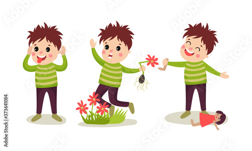 Naughty Boy Putting out Tongue and Breaking Doll Vector Illustration Set
