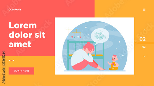 Depressed woman with newborn flat vector illustration. Sleepy tired young mom sitting near bed and baby in anxiety mood. Motherhood and parenting difficulties concept