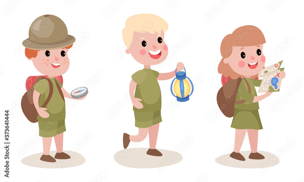 Kid Scouts with Backpacks Holding Map and Compass Camping Vector Illustration Set Kid Scouts with Backpacks Holding Map and Compass Camping Vector Illustration Set