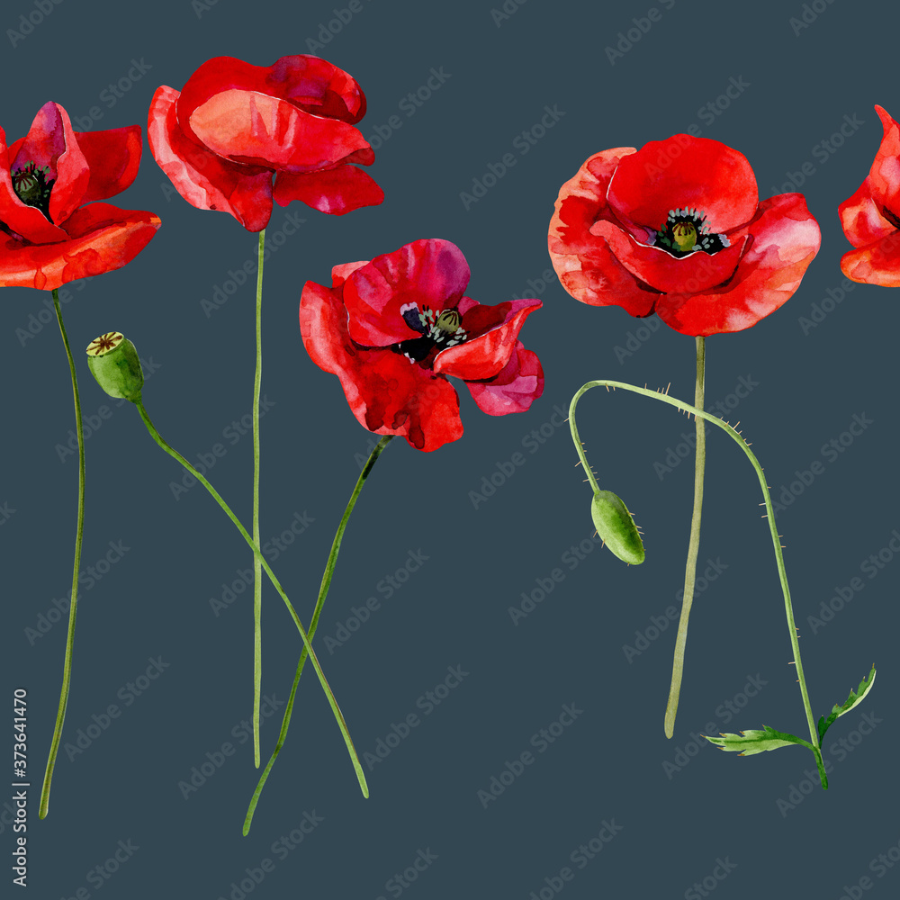 Naklejka premium Seamless watercolor pattern scarlet poppies line