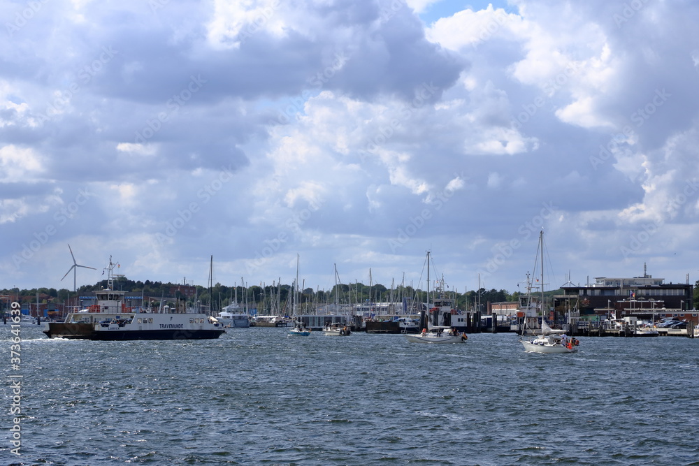 August 22 2020 - Travemuende/Germany: Famous Baltic Sea marina with a lot of berths and a lot of sailing boats in the water against blue sky