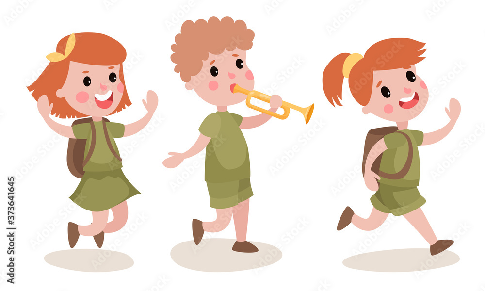 Little Boy and Girl Scouts in Camping Uniform Holding Trumpet Walking Vector Illustration Set Little Boy and Girl Scouts in Camping Uniform Holding Trumpet Walking Vector Illustration Set