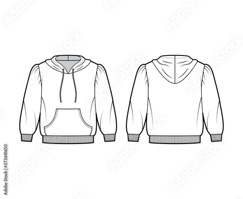Cropped cotton-jersey hoodie technical fashion illustration with loose fit, puffed shoulders, elbow sleeves, front pocket. Flat jumper template front back white color. Women men unisex sweatshirt top