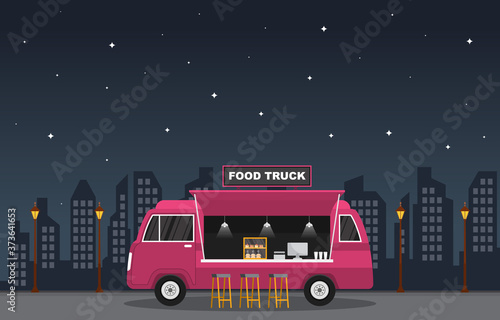 Food Truck Van Car Vehicle Street Shop Night Illustration