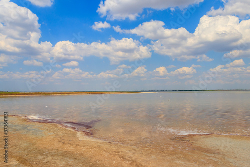 View of a salt Ustrichnnoe (oyster) lake in Kherson region, Ukraine © olyasolodenko