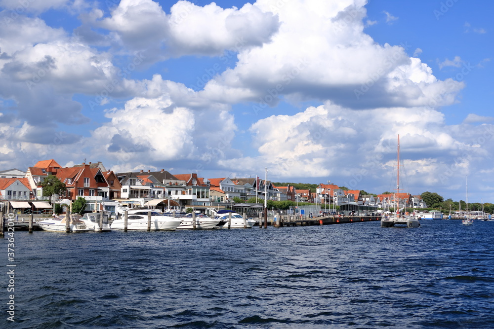 August 22 2020 - Travemuende/Germany: Famous Baltic Sea marina with a lot of berths and a lot of sailing boats in the water against blue sky