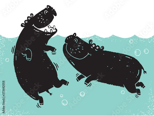 A cute illustration of two hippos done in a graphic linocut illustrative technique. Vector illustration.  photo