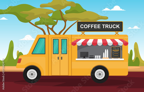 Coffee Cafe Food Truck Van Car Vehicle Street Shop Illustration