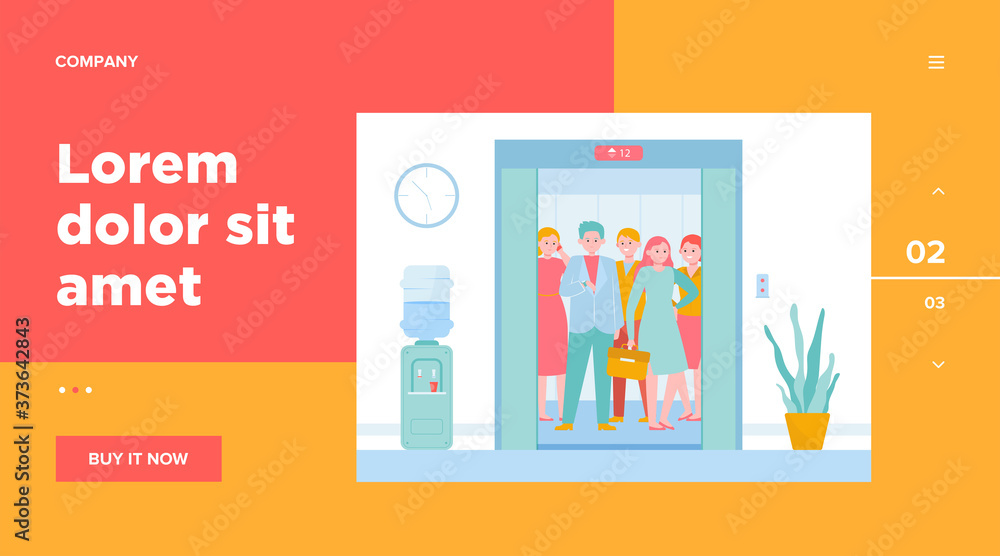 Different people lifting on elevator. Open door of office lifts with workers waiting moving inside cabin. Vector illustration for office hall, end of business, transportation concept