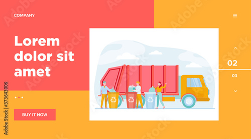 Cartoon people throwing out rubbish and trash into disposal containers flat vector illustration. Garbage truck standing on city road. Recycle service and industry concept