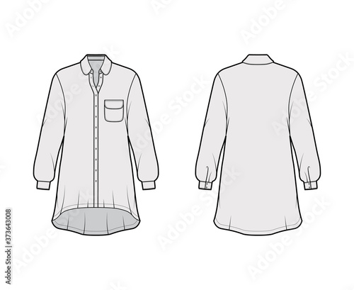 Oversized shirt dress technical fashion illustration with rounded pocket and collar, long sleeves, high-low hem, front button-fastening. Flat template front back grey color. Women men unisex top CAD